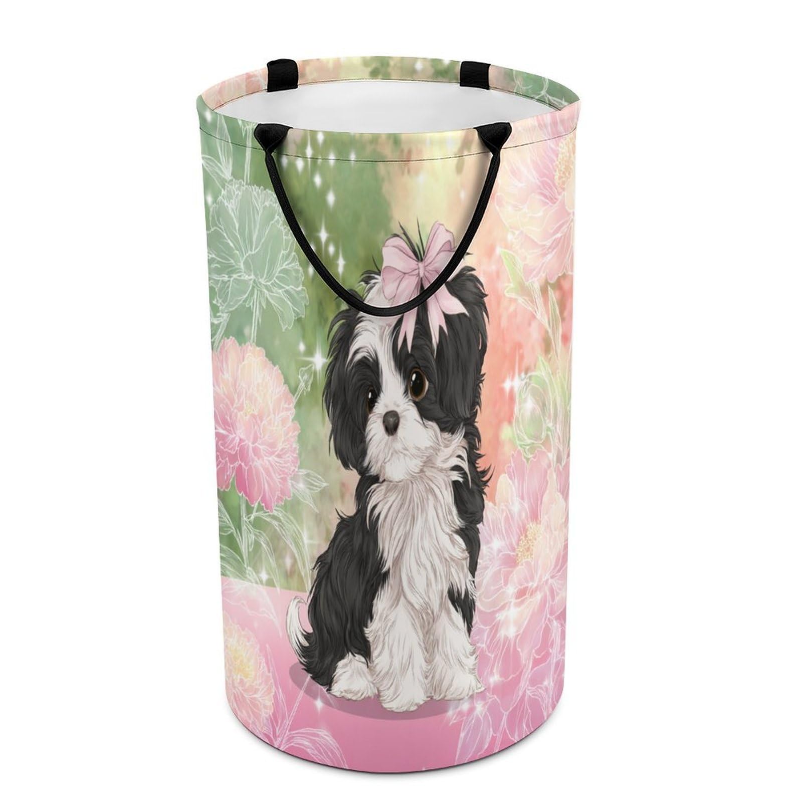 LUYYSKY Funny Realistic Dogs Puppies Versatile Storage Laundry Basket, Beautiful Rustic Plant Flowers Animals Dogs Pattern Large Capacity Bathroom Hamper With Handle
