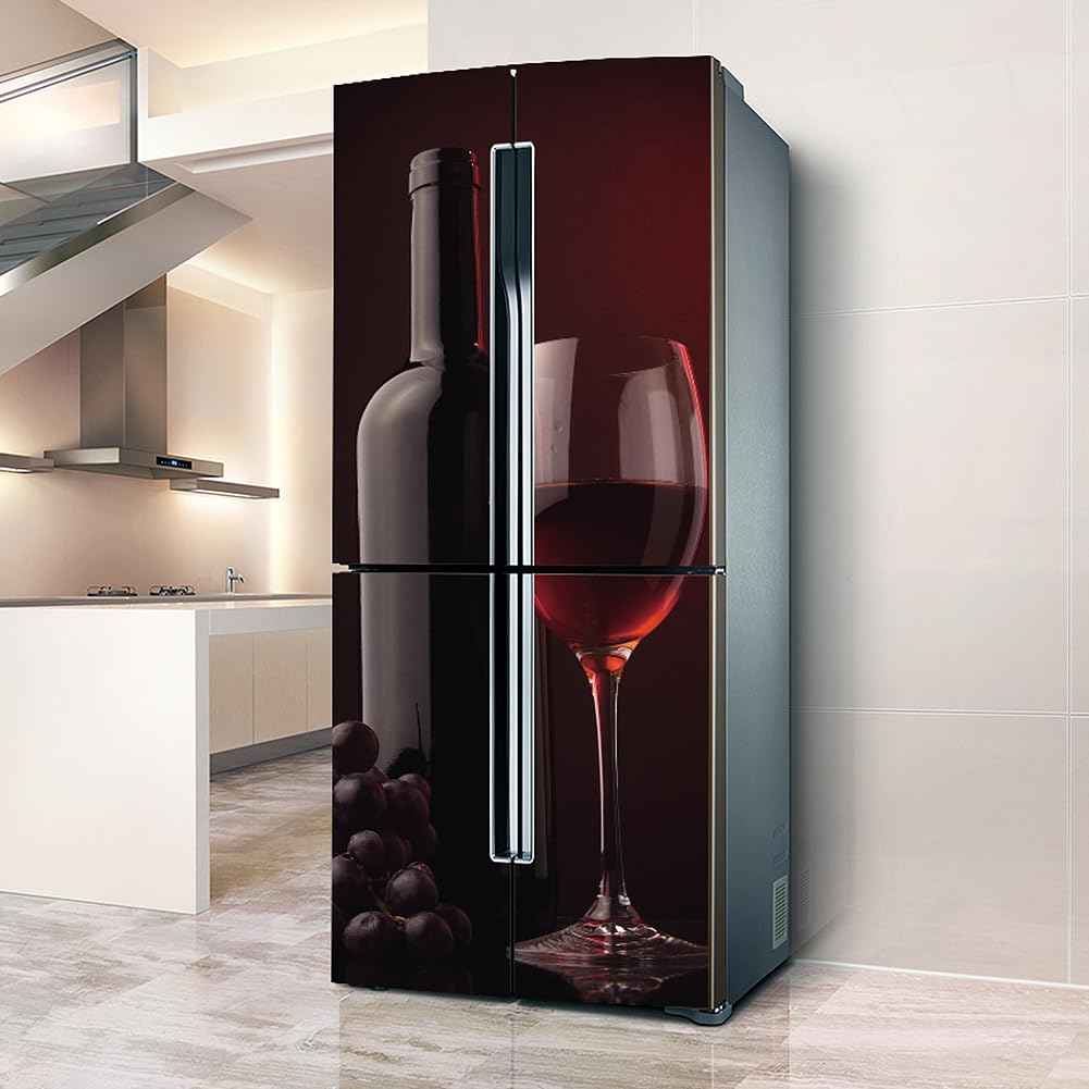 Fridge Wraps Kitchen Fridge Stickers Cover Full Doors, Fridge Sticker Full Covering Door Fridge Covers Skins Wall Stickers for Kitchen Decal, Grape red Wine Romance
