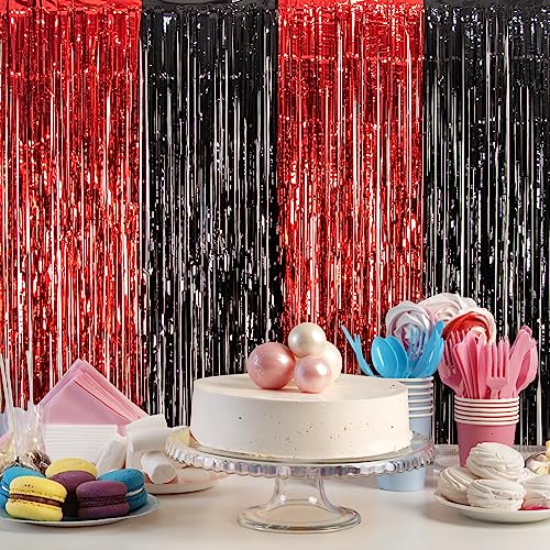 Image of LOLStar Graduation Party Decorations, 2 Pack Red Black Foil Fringe Curtain | 3.3 x 6.6 ft Tinsel Streamers Backdrop, Graduation Photo Booth Backdrop for Class of 2026, Prom and Grad Party Decorations