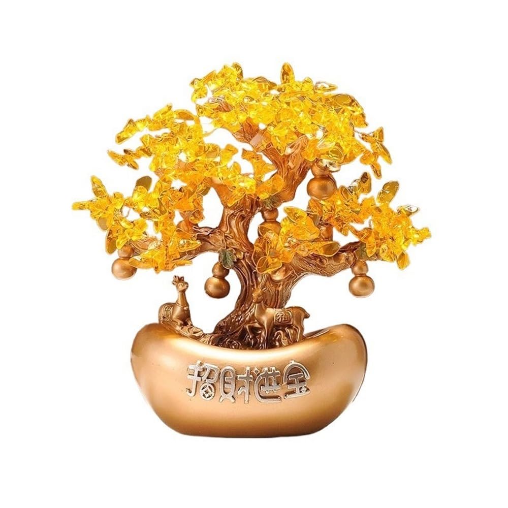 Home Decor Wealth Prosperity Crystal Money Tree, Feng Shui Reiki Balancing Home Ornament Bonsai(Gold)
