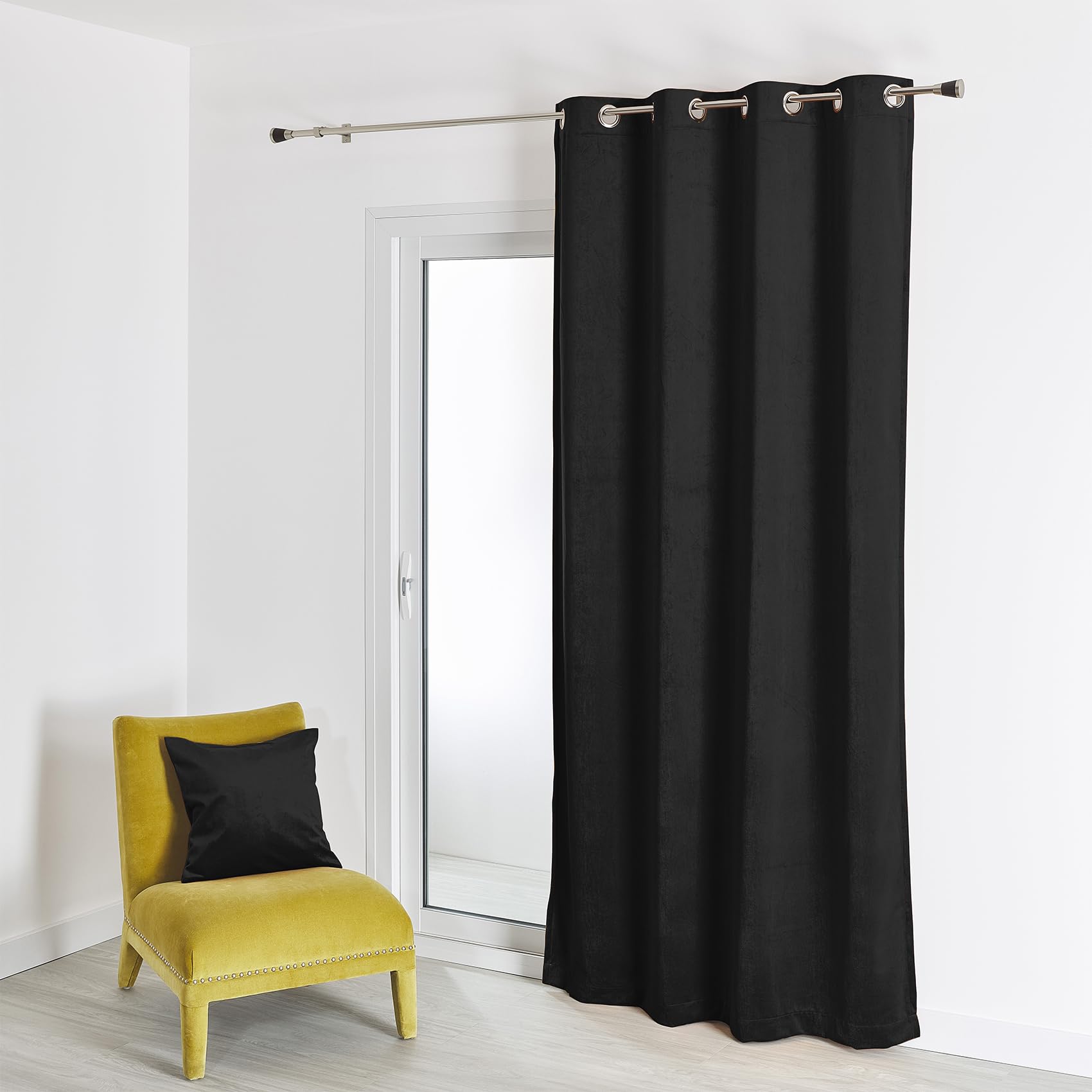 QABANE - Rideau en Velours Feutré Uni - Velours Doux Épais - Occultant Anti Bruit Thermique - pour Salon Chambre Bureau - 8 Œillets Ø 4 cm - 135 x 260 cm - Noir