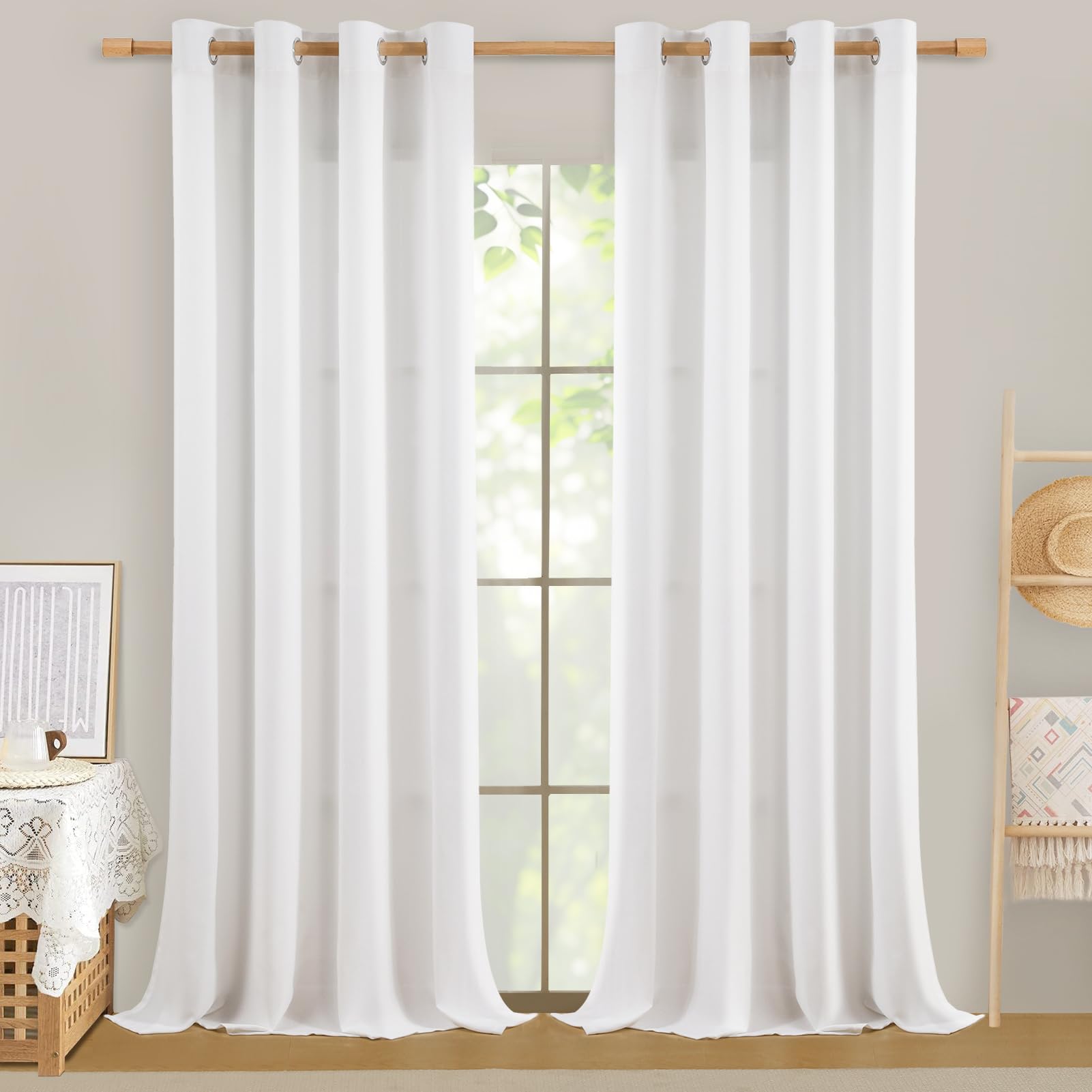 Softalker - Tende in Lino, Voilage Bianco, Semi-Trasparente, 270 x 140 cm, 2 Pezzi, con Occhielli, per Asta, Decorazioni Moderne per Finestra, Ideali per Soggiorno, Camera, Cucina, Cameretta dei