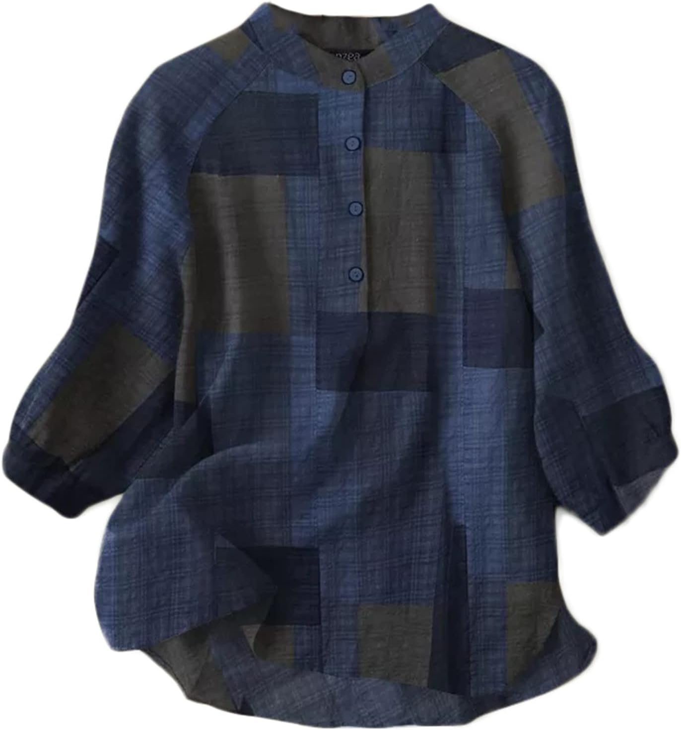 Andongnywell Womens 3/4 Sleeve Plaid Shirt Cotton Linen Casual Pullover Blouses Tops Loose Casual Work Plain Tops Shirts