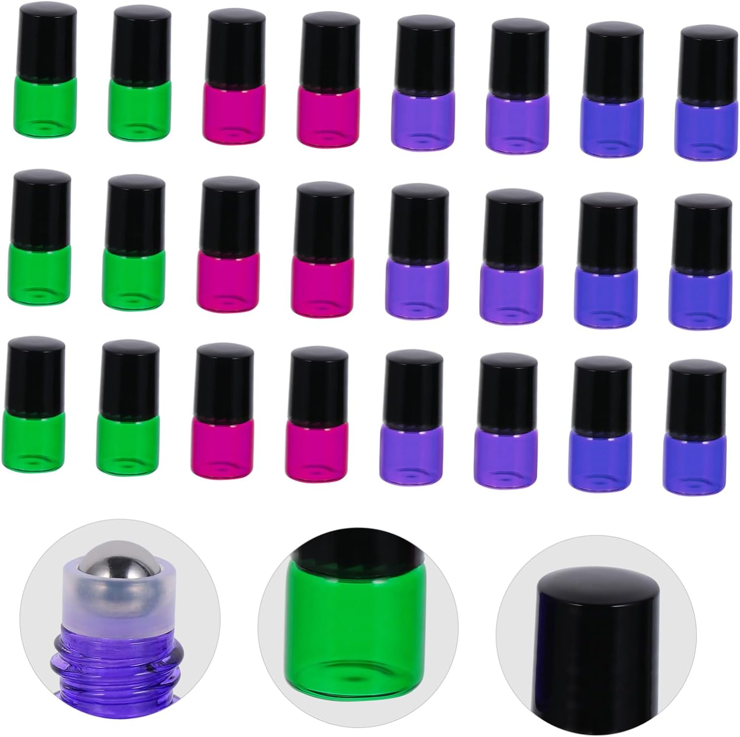 BETOOKY 40pcs 1ml Essential Oil Roll on Bottles Mixed Color Glass Roller Ball Bottles with Black Caps for Aromatherapy and Perfume Travel Use