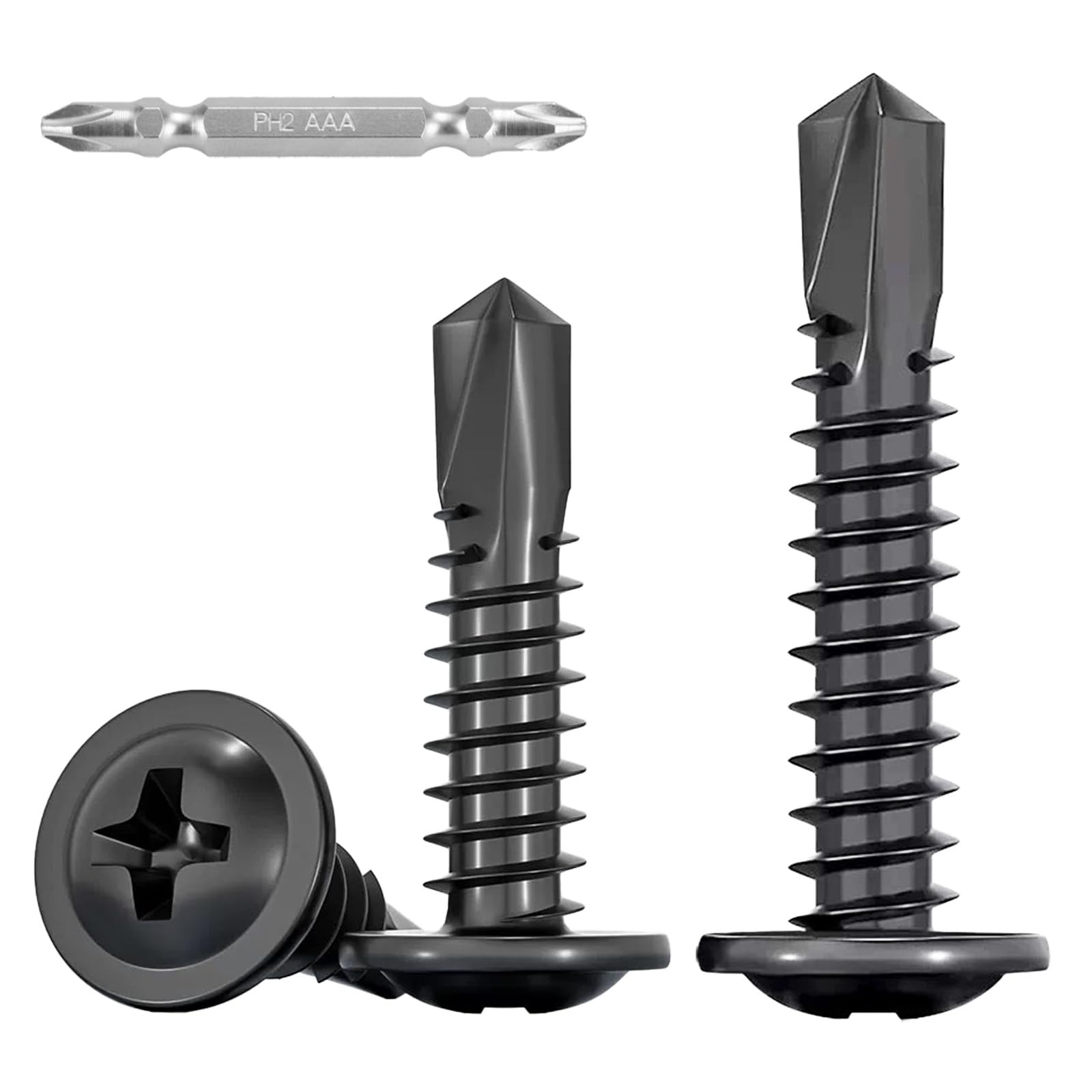 100 viti autofilettanti a testa tonda, colore nero, M4,8 x 16 mm, in acciaio inox 410, viti autofilettanti, viti a croce, viti per legno per acciaio con 1 bit e scatola.