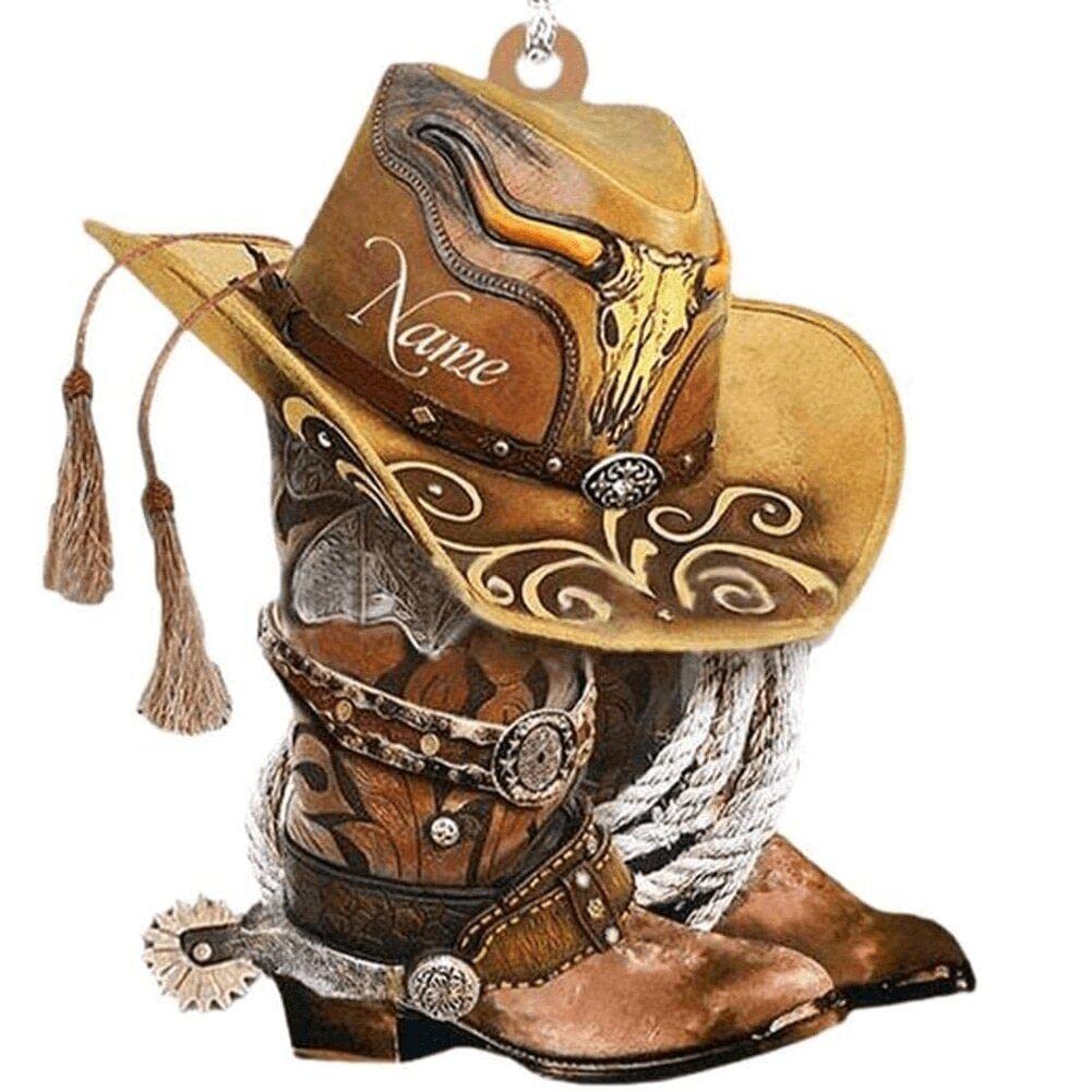 Hrippy Cowboy Boots Hats Car Hanging Ornament Acrylic Car Pendant Funny Personality Car Interior Decor Accessories Car Rear View Mirror Holder