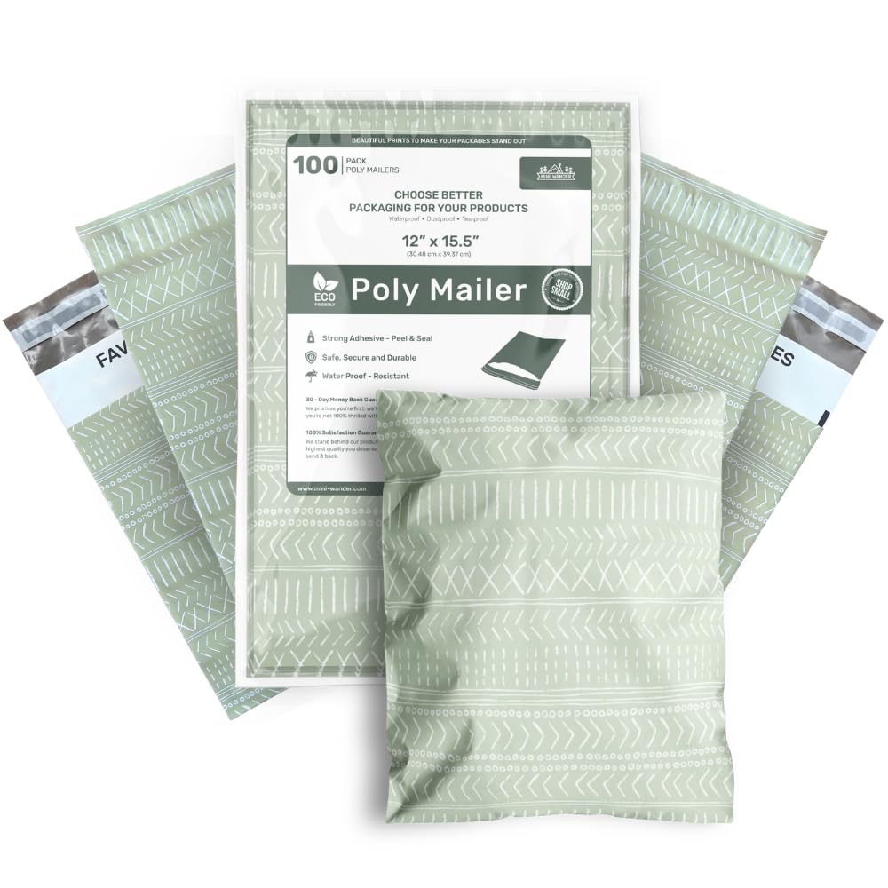 Poly Mailers 12x15.5 Inch 100 Pack Large Shipping Bags Strong Thick Mailing Envelopes | Self Sealing Adhesive | Waterproof & Tear Resistant | Small Business Packaging for Clothing - Boho Sage Green