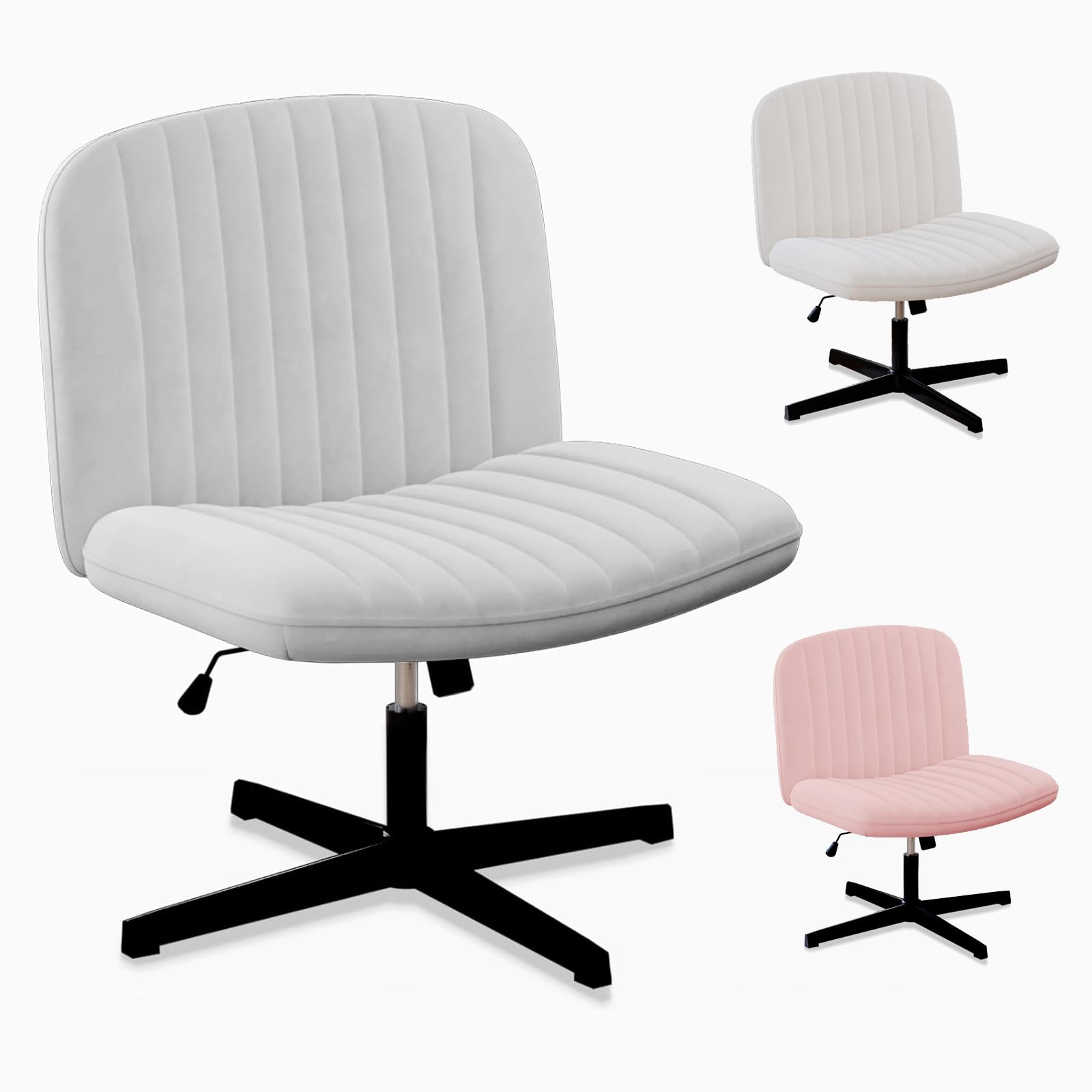 Silla de oficina ergonómica con patas cruzadas, sin brazos, silla sin ruedas, franela ancha y suave, giro de 360° y altura ajustable, diseño moderno para el hogar (gris)