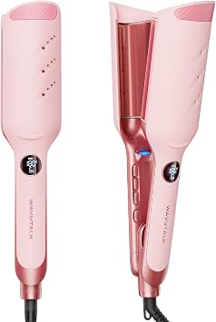 Wavytalk Curling Iron, Wave Iron, 1.4 inches 35 mm, Deep V Plate, Just Clip On, Timer, Beep Sounds, Prevents Burns, Ventilation Design, Low Damage, Negative Ion, Fluffy, Korean Style, Temperature