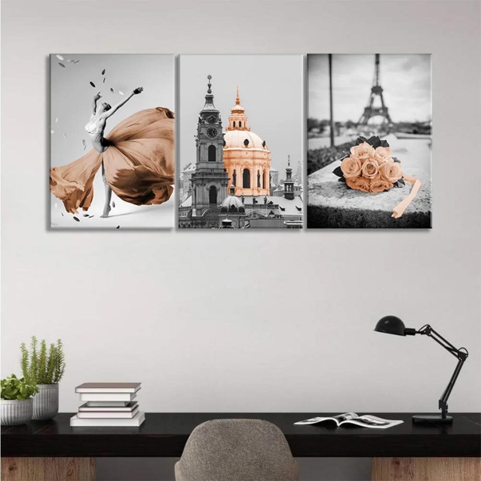 Yocheng 3pcs With -Elegant Triptych Dancer City Flowers Paris Theme Canvas Wall Art Painting 30x40cmx3 No Frame