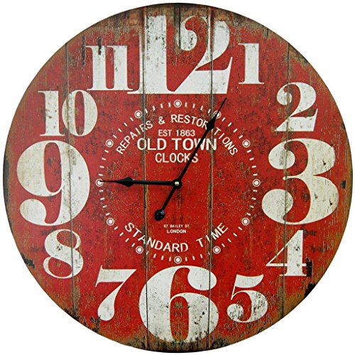 Round Red Decorative Wall Clock with Big Numbers and Distressed Old Town face 23 x 23 inches Quartz Movement