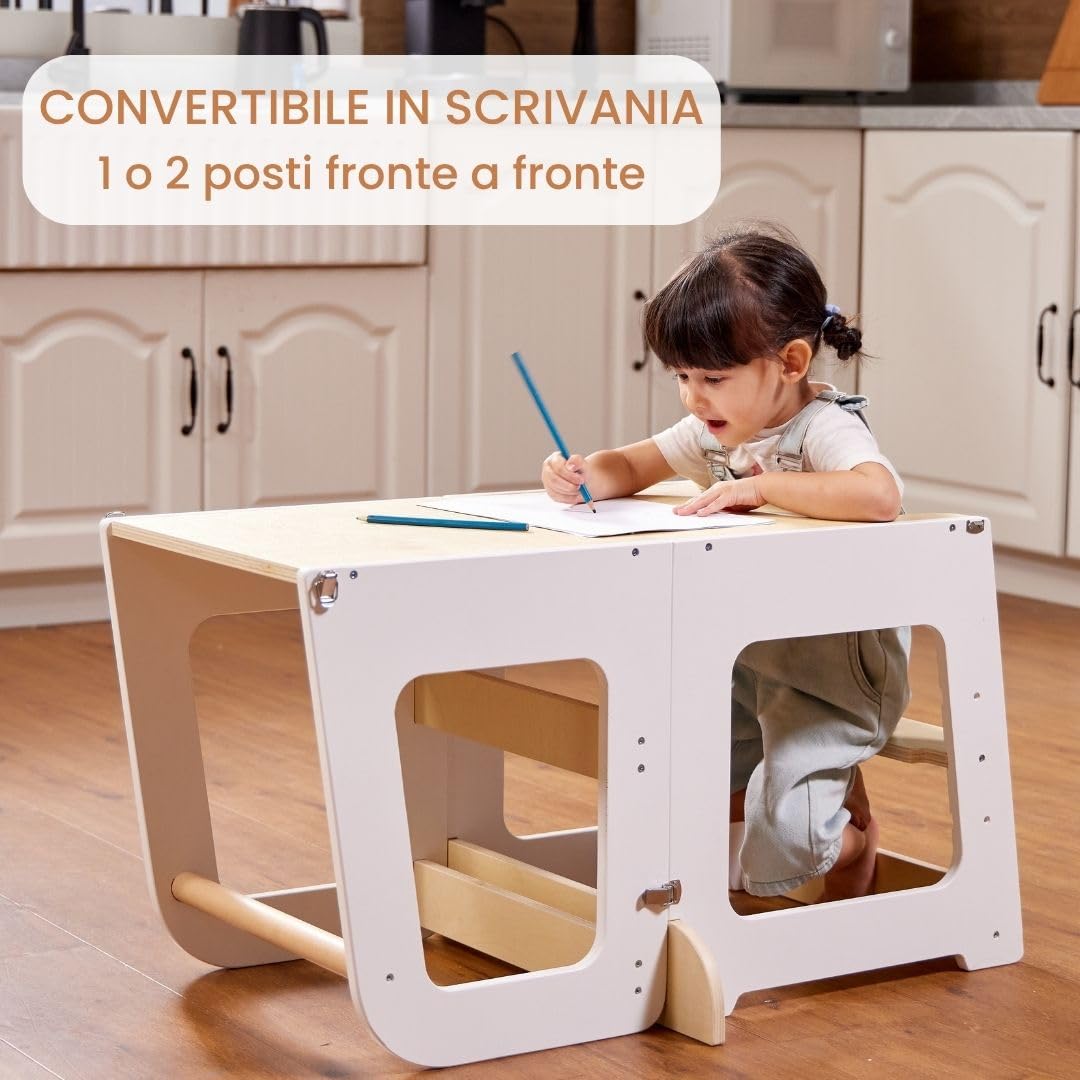 Torre Montessori per Bambini 2-in-1 Torretta Apprendimento in Legno Naturale Convertibile in Scrivania Sgabello Sicura Evolutiva 12M+ Teedum