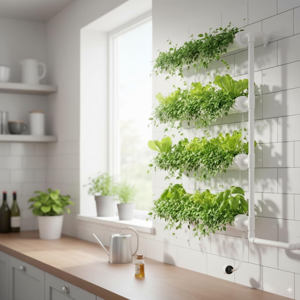 Kit de cultivo hidropónico montado en la pared, 1 capa, 36 sitios de plantas, 4 tubos de PVC de grado alimenticio, sistema de plantación hidropónico con bomba de agua, temporizador de bomba, cesta