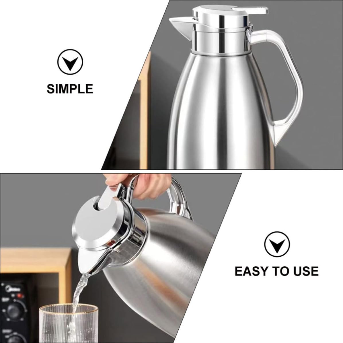 BESTOYARD Pichet Isotherme en Acier Inoxydable 2,3l Poignée, Grosse Gourde Isotherme pour Boissons Chaudes, Double Paroi, Usage Bureau et Hiver