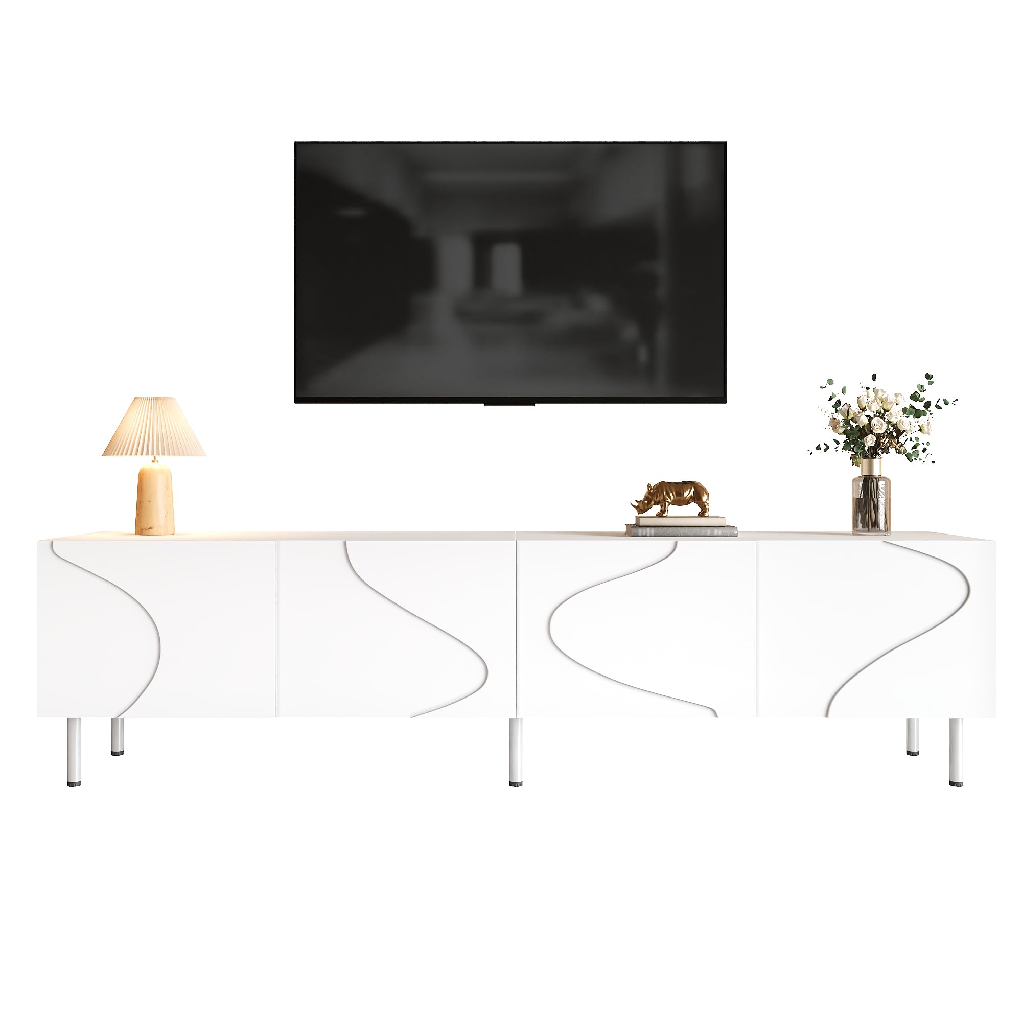 Meuble TV bas moderne 4 portes en PB MDF et pieds en metal pour salon
