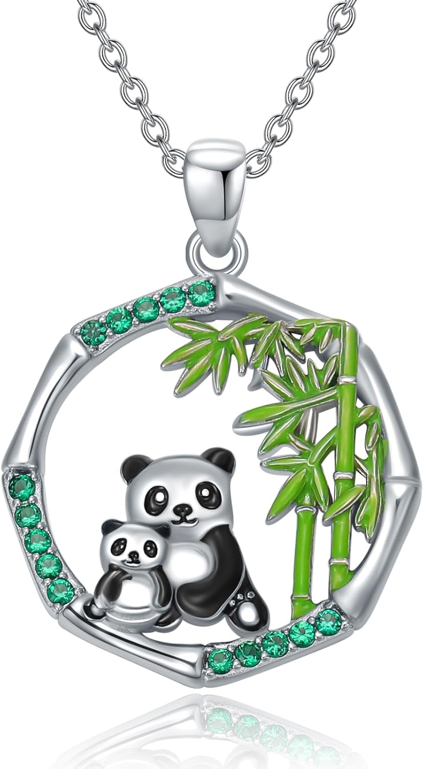 Mother Daughter Panda Necklace S925 Sterling Silver Panda Pendant Bamboo Necklace Jewelry for Women Mother Daughter