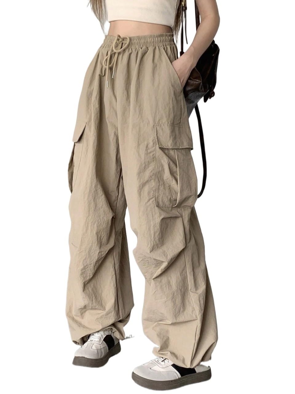 Womens Fall Solid Color Drawstring Waist Wide-Leg Pants Trousers