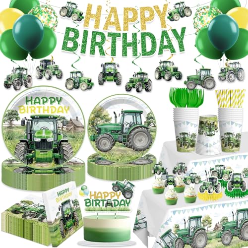 Xynic 201pcs Tractor Birthday Decorations Convenient Paper Tableware Set Includes 300gsm Plates Waterproof Tablecloths Cupcake Toppers and Balloons for Tractor Birthday Party