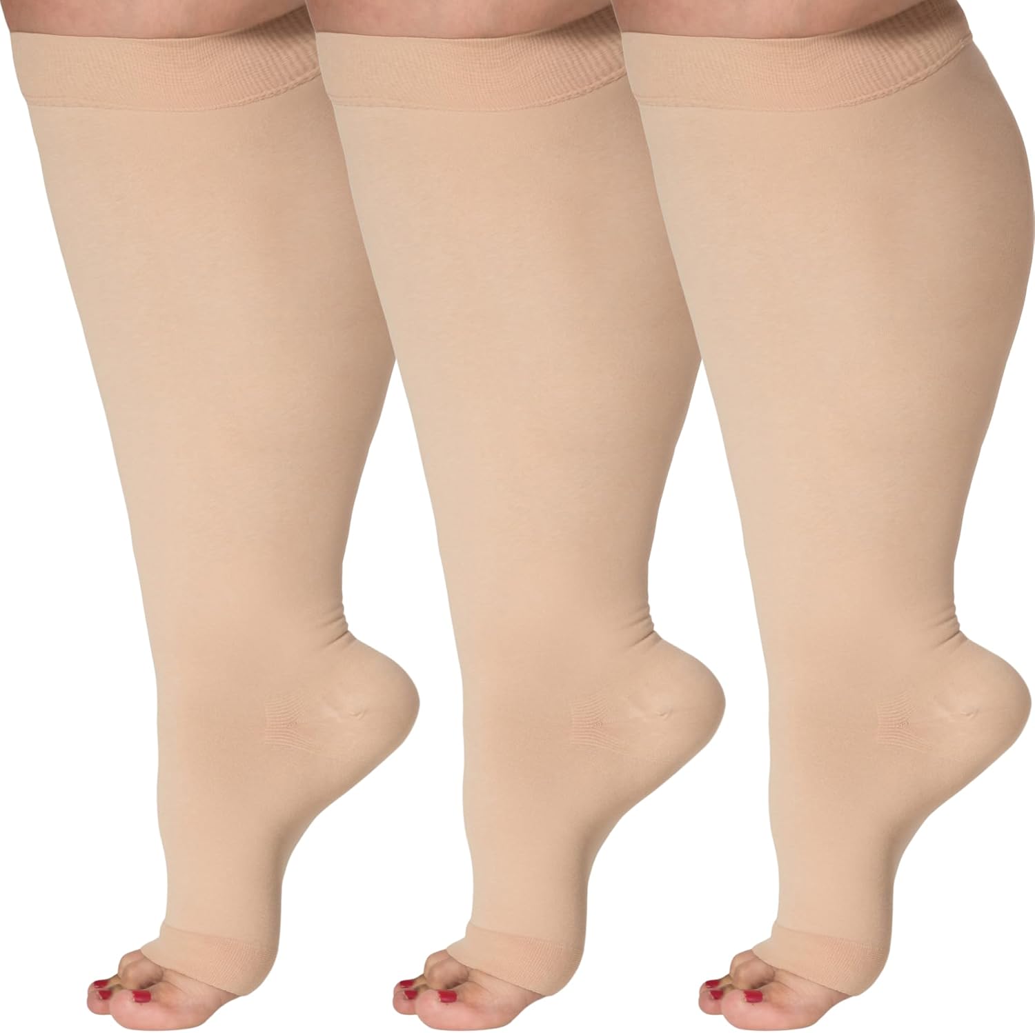 (3 Pairs) Open Toe Plus Size Compression Socks for Women and Men 15-20mmHg - Toeless Wide Calf Support Stockings - A515