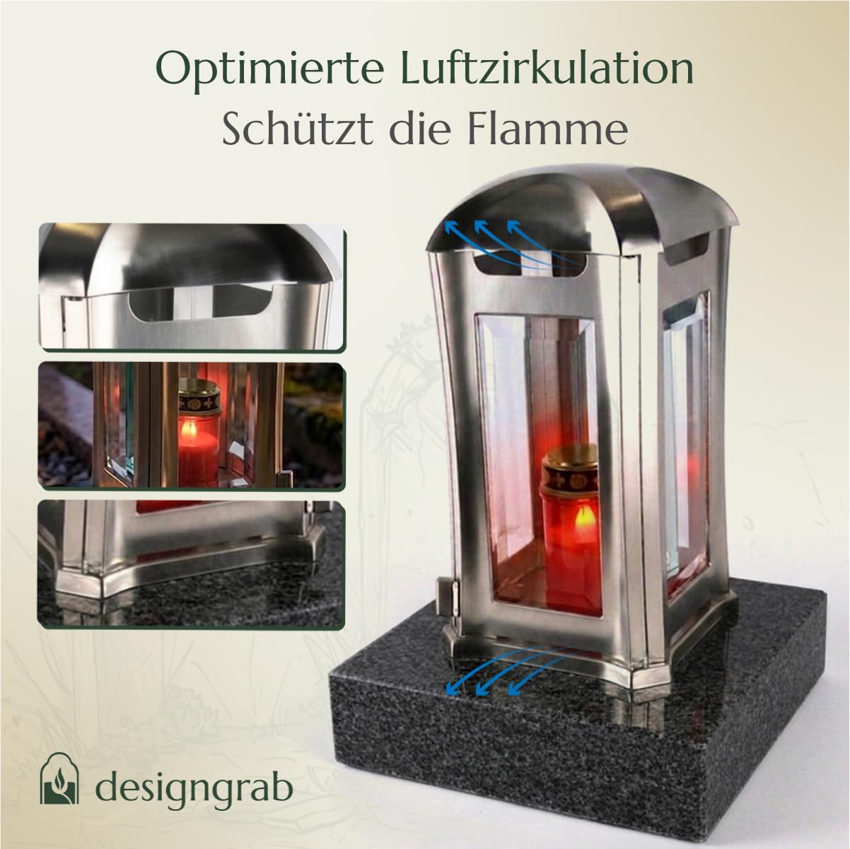 designgrab Grablampe Venezia Edelstahl mit Granitsockel naturgrau 13×13×24 cm – Kristallglas & Magnetverschluss Nero Impala