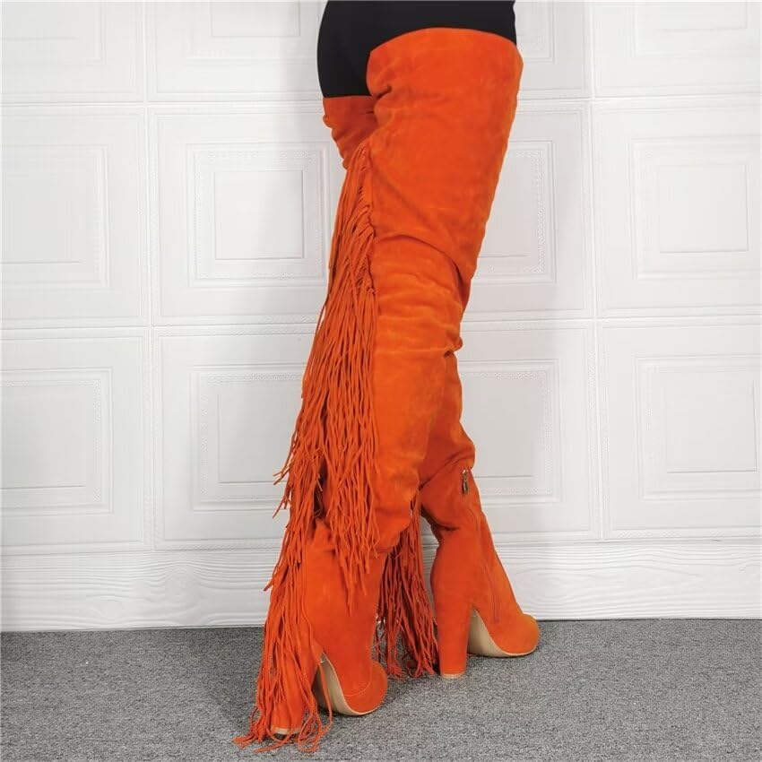 Frankie Hsu Sexy Orange Tassel Chunky Over The Knee Boots, Faux Suede Leather Classic Thigh High Style, Fashion Large Big Size Block Heels Long Shoes For Women4