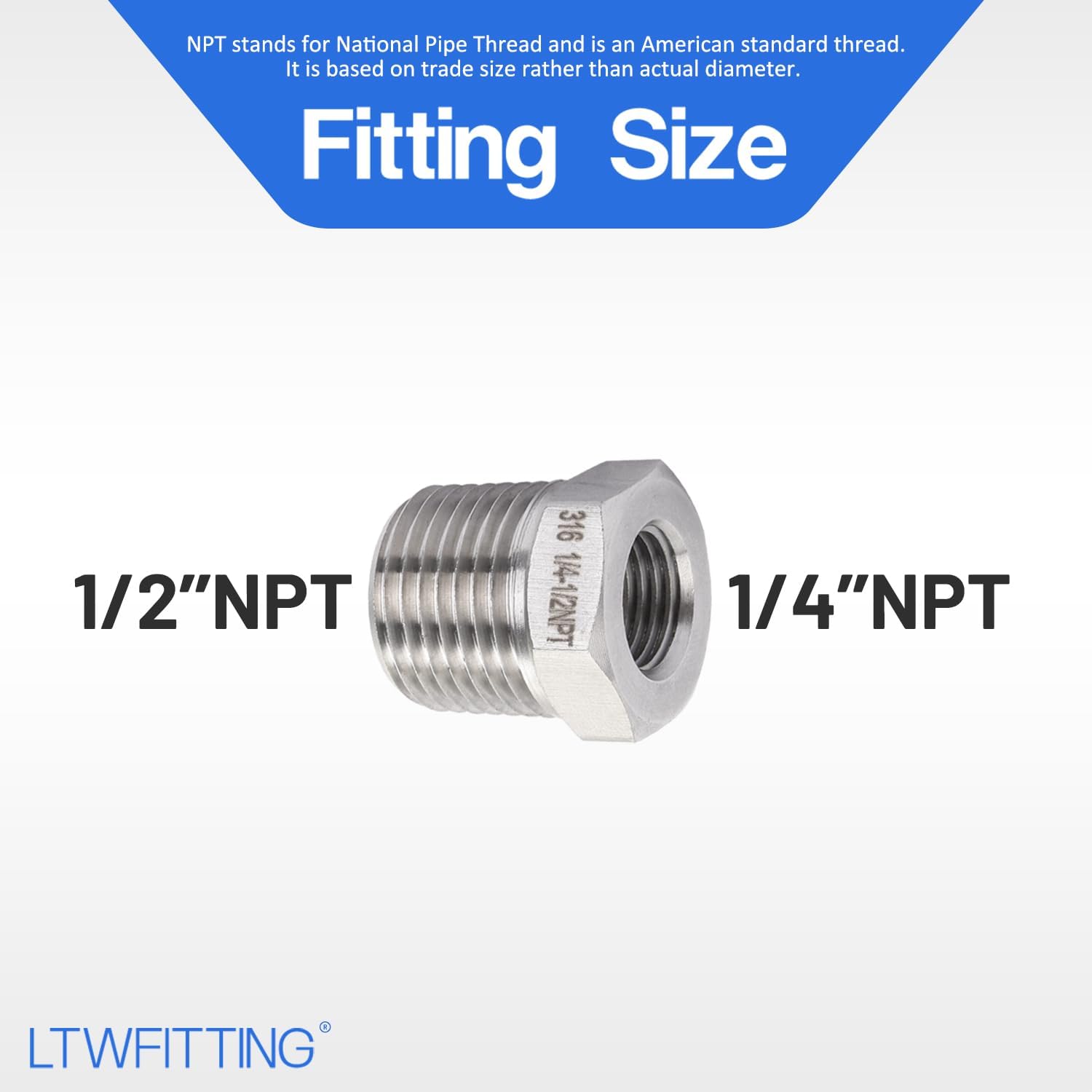 LTWFITTING Class 3000 Stainless Steel 316 Pipe Hex Bushing Reducer Fittings 1/2" Male x 1/4" Female NPT (Pack of 20)