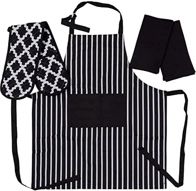 Penguin Home Apron, Double Oven Glove and 2 Kitchen Tea Towels Set-100% Soft, Durable, Heat Resistant & Super Absorbent, Cotton, Black/White, 70 X 90, 18 X 90, 45X 65 cm