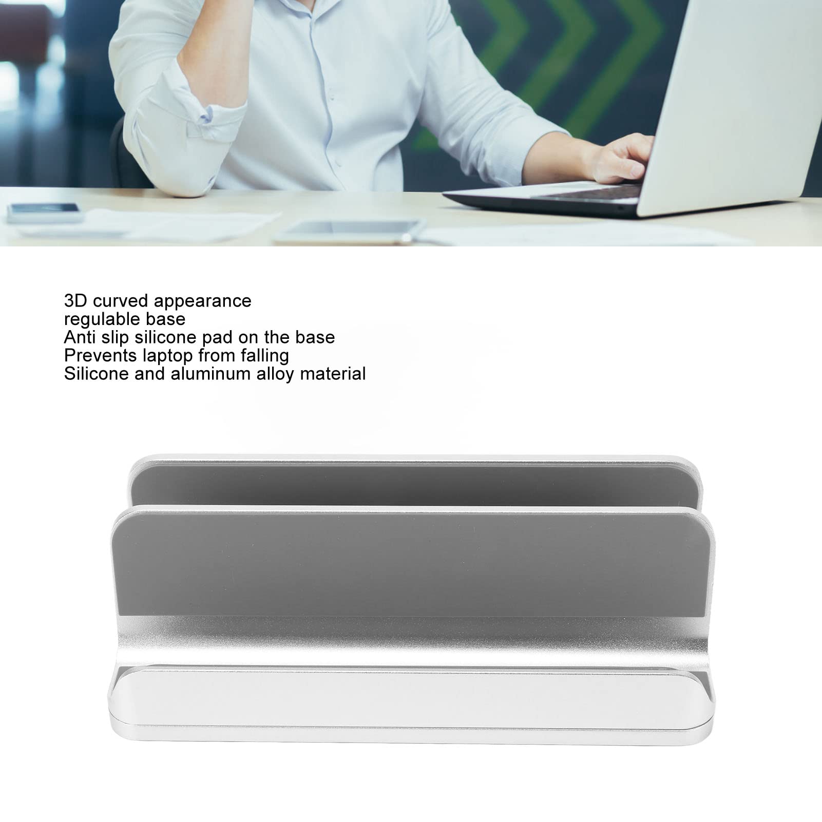 Supporto verticale per laptop Supporto in lega di alluminio con cuscinetti in silicone e base regolabile per l'organizzazione della scrivania di casa e ufficio Argentato