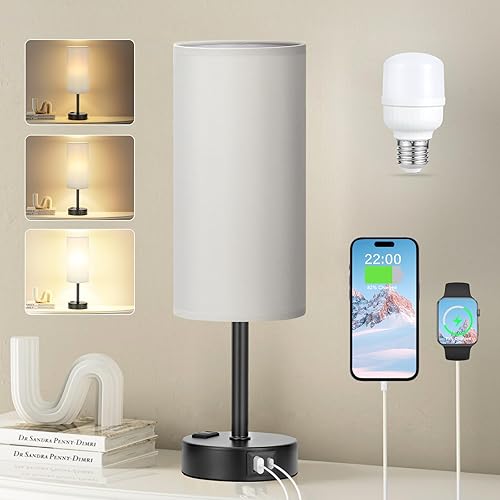 Miniatura 1 de Fenmzee Grey Touch Bedside Lamp for Bedroom - 3 Way Dimmable Table Lamp USB C Charging Ports and AC Outlet, Small Desk Lamp for Living Room, Office,