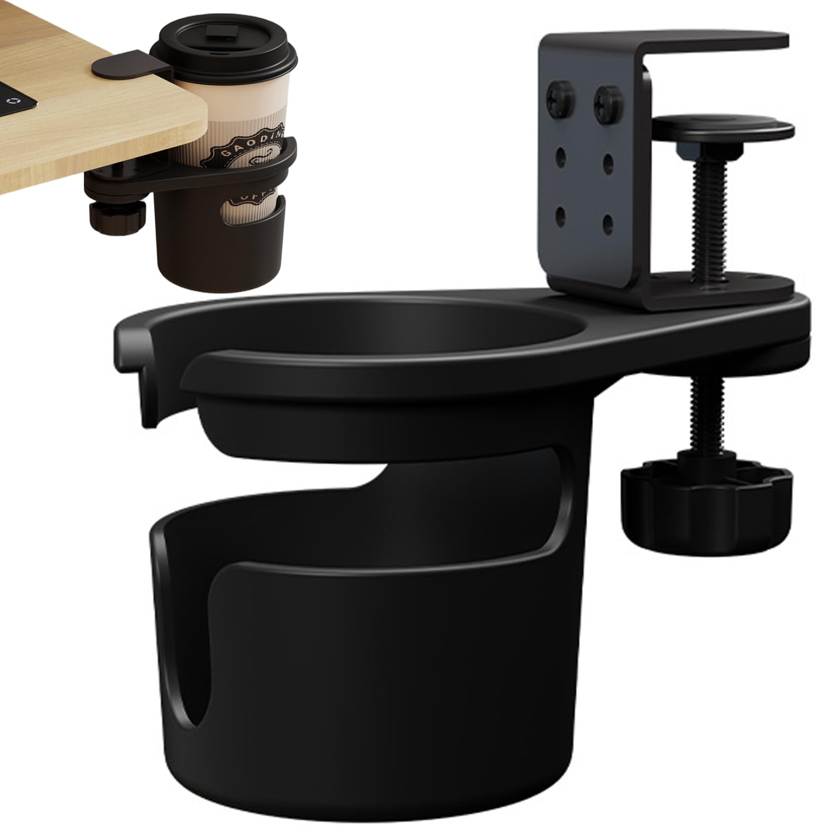 Latemeia Cup Holder for Desk, 360° Rotating Desk Cup Holder with Adjustable Clamp, Non Slip Mat and Drain Hole for Home Office, Décoration de jardin