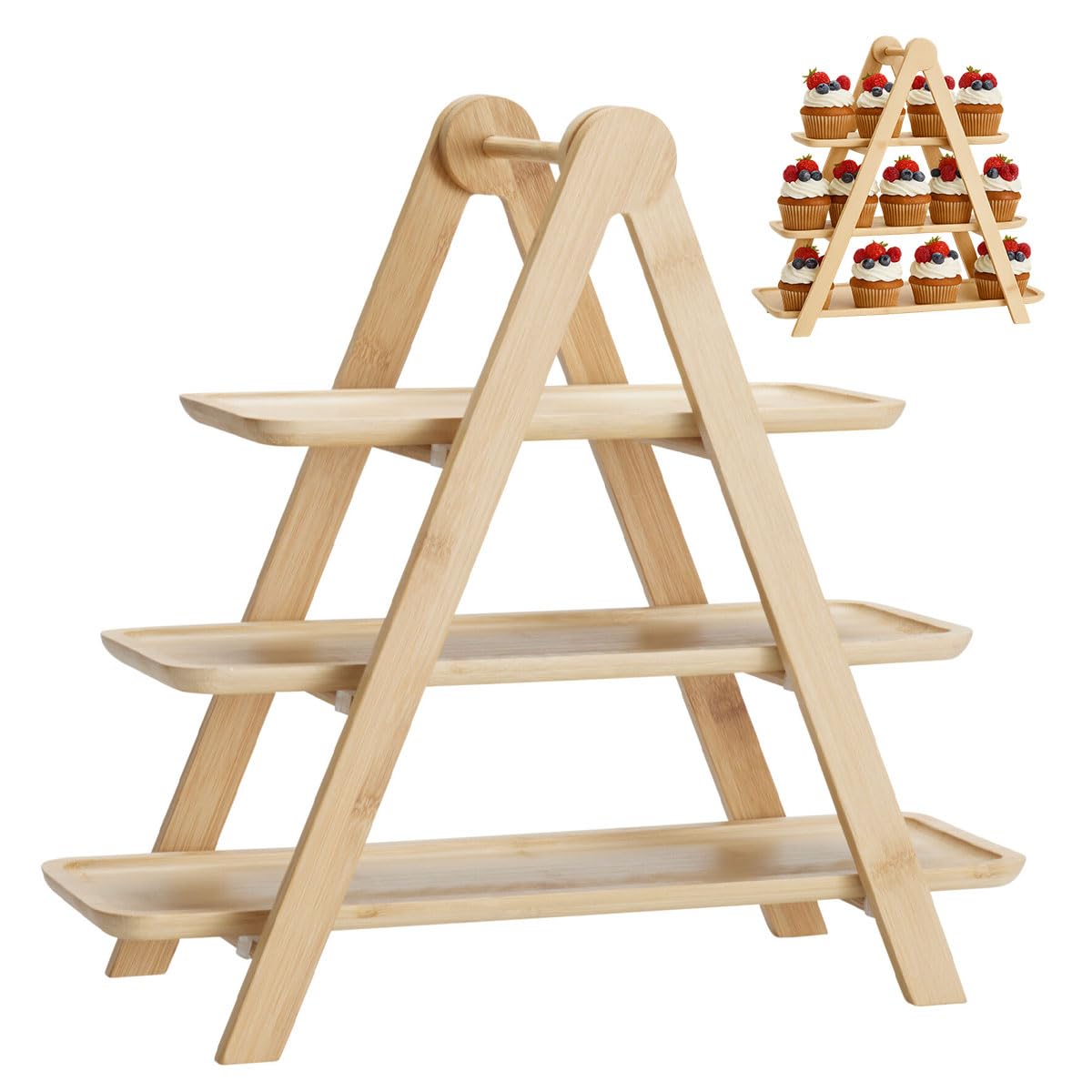 Murago - Bambus Etagere mit 3 Ablagen - Servieretagere Dreistöckig Buffetständer Servierständer Dessert Cupcake Brot Ständer Gebäck Obst Käse Tapas Fingerfood Frühstück länglich Deko Holz Landhausstil