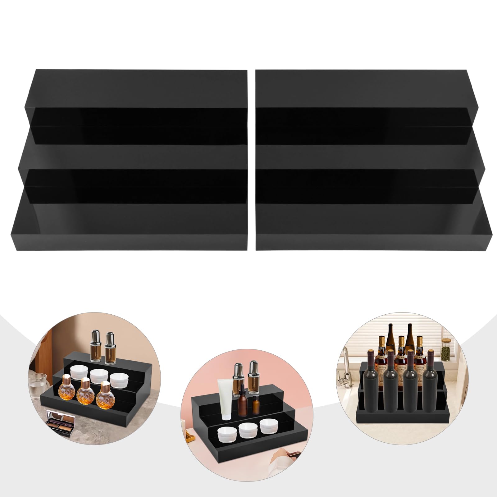 2PCS Liquor Bottle Display Shelf, 16 Inch 3-Step Acrylic Bar Shelf Countertop Riser Display with Hollow Base, 11lbs Capacity/Tier for Home, Commercial Bar (Black)