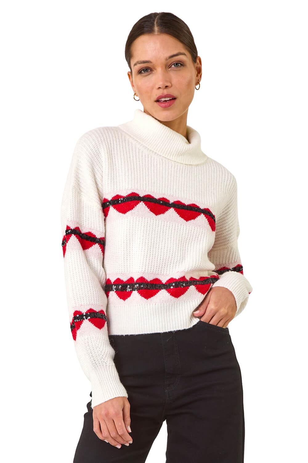 Roman Women's Cerise Stripe Heart Cowl Neck Knit Jumper Small