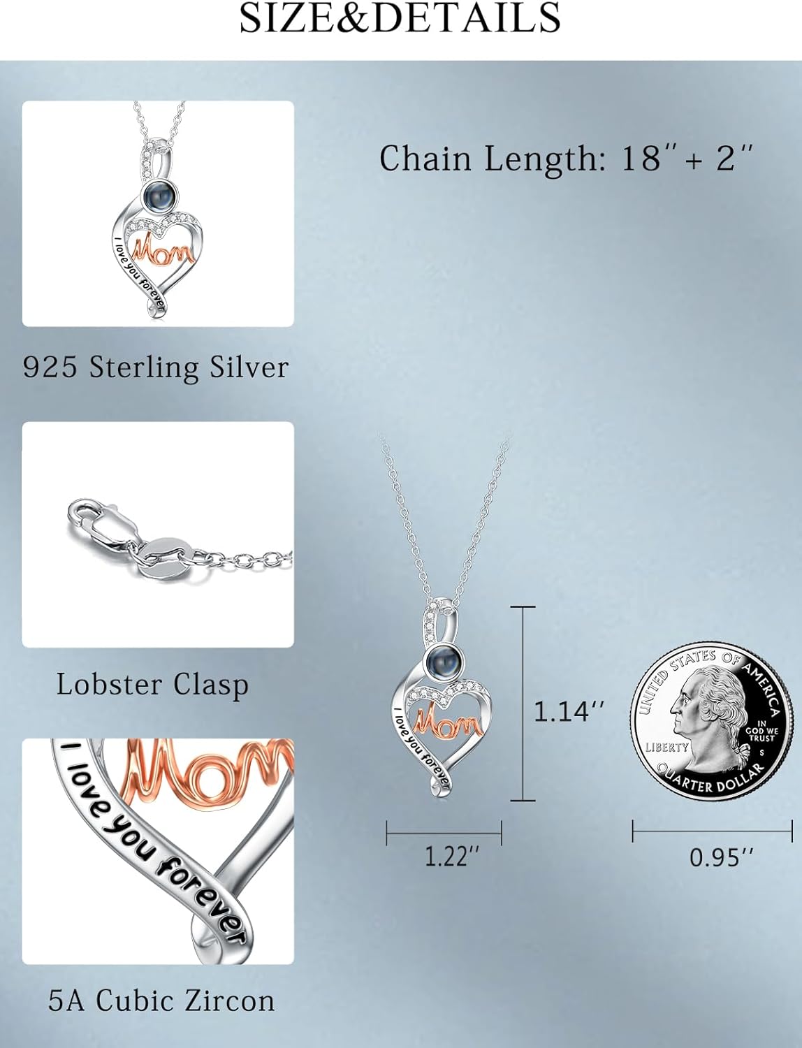 Dorunmo Mother's Day Gift for Women Personalized Photo Projection Necklace 925 Sterling Silver I Love You 100 Languages Pendant Romantic Jewelry Gifts for Women Mom Birthday Anniversary