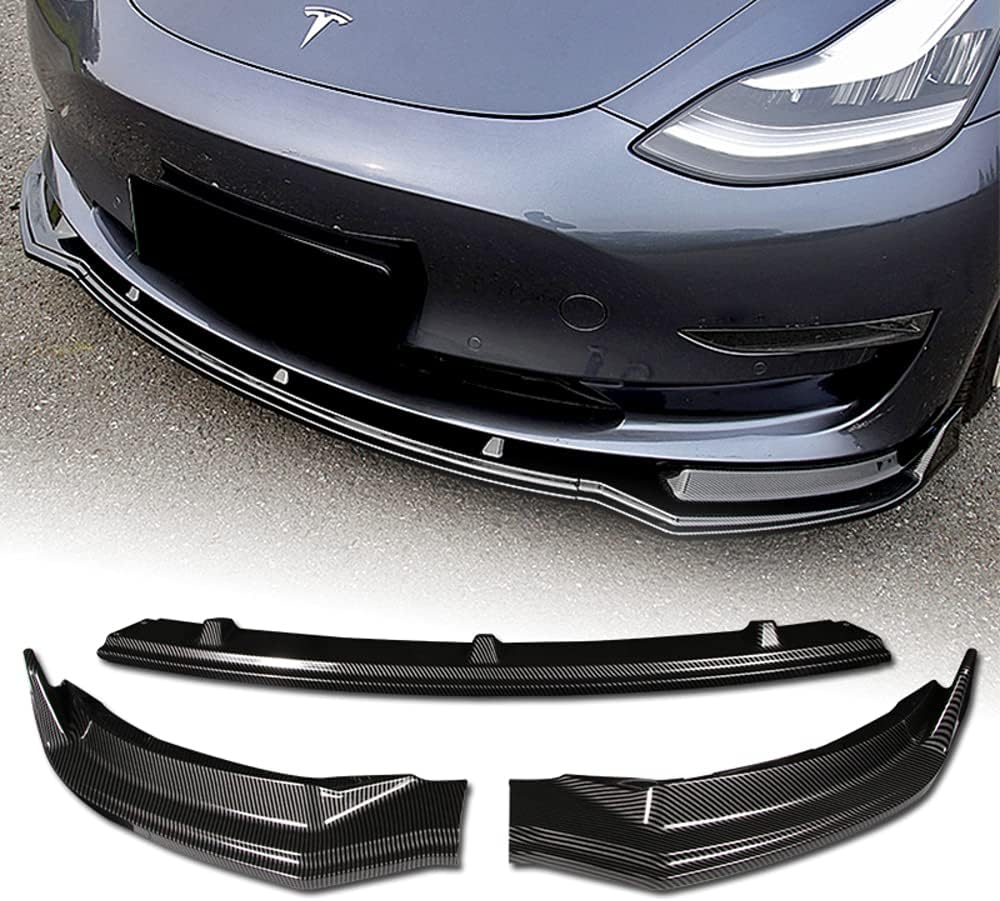 Front Bumper Lip fit for compatible with 2017-2020 Tesla Model 3, Front Bumper Lip Spoiler Air Chin Body Kit Splitter Painted Glossy Carbon Fiber ABS, 2018 2019 (SPORT-Style)