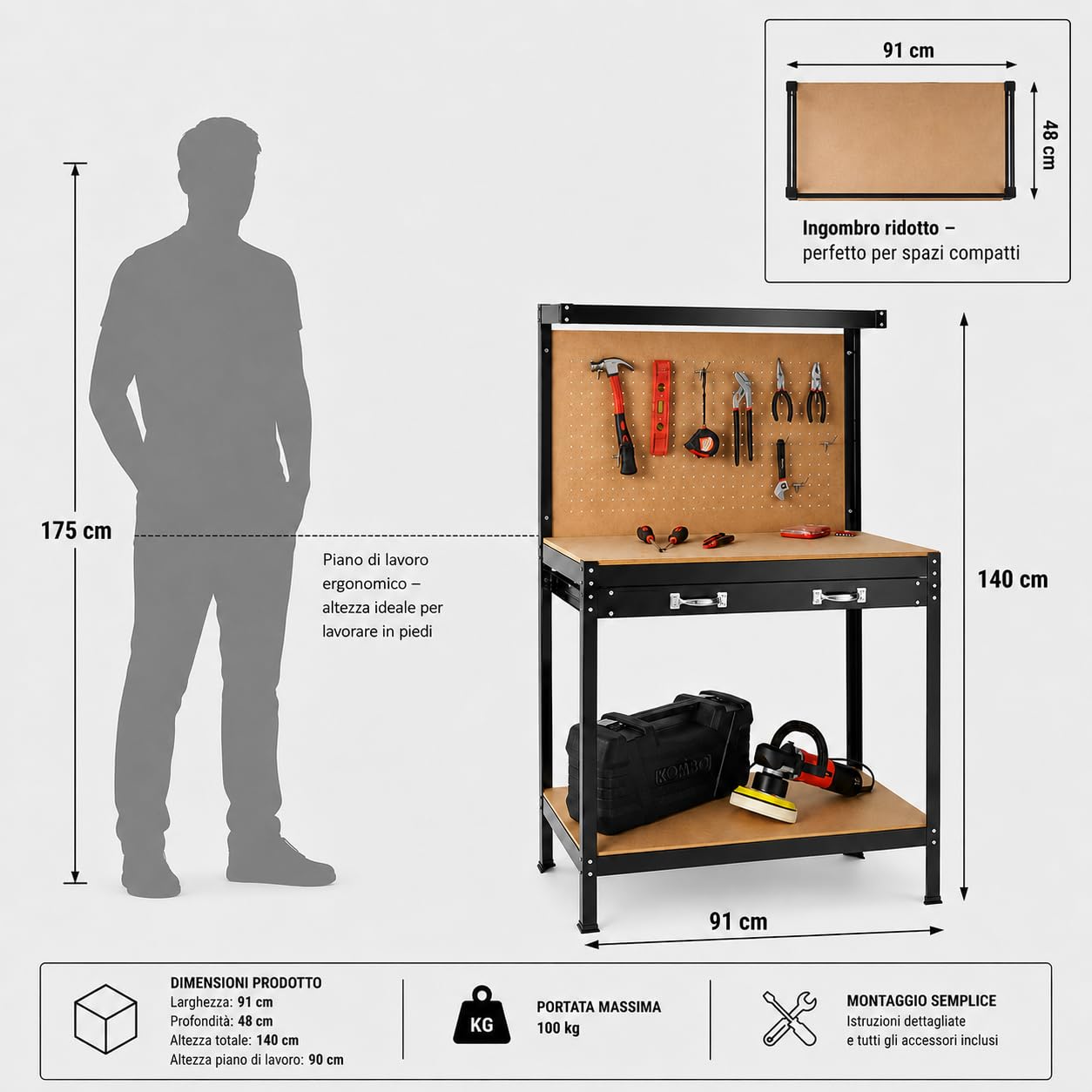 KOMBO - Banco da Lavoro in Alluminio con 2 Ripiani in MDF, 1 Cassetto, Schienale in MDF con 20 Ganci – 91x48x140 cm – Struttura Robusta, Salvaspazio, Ideale per Garage e Officine