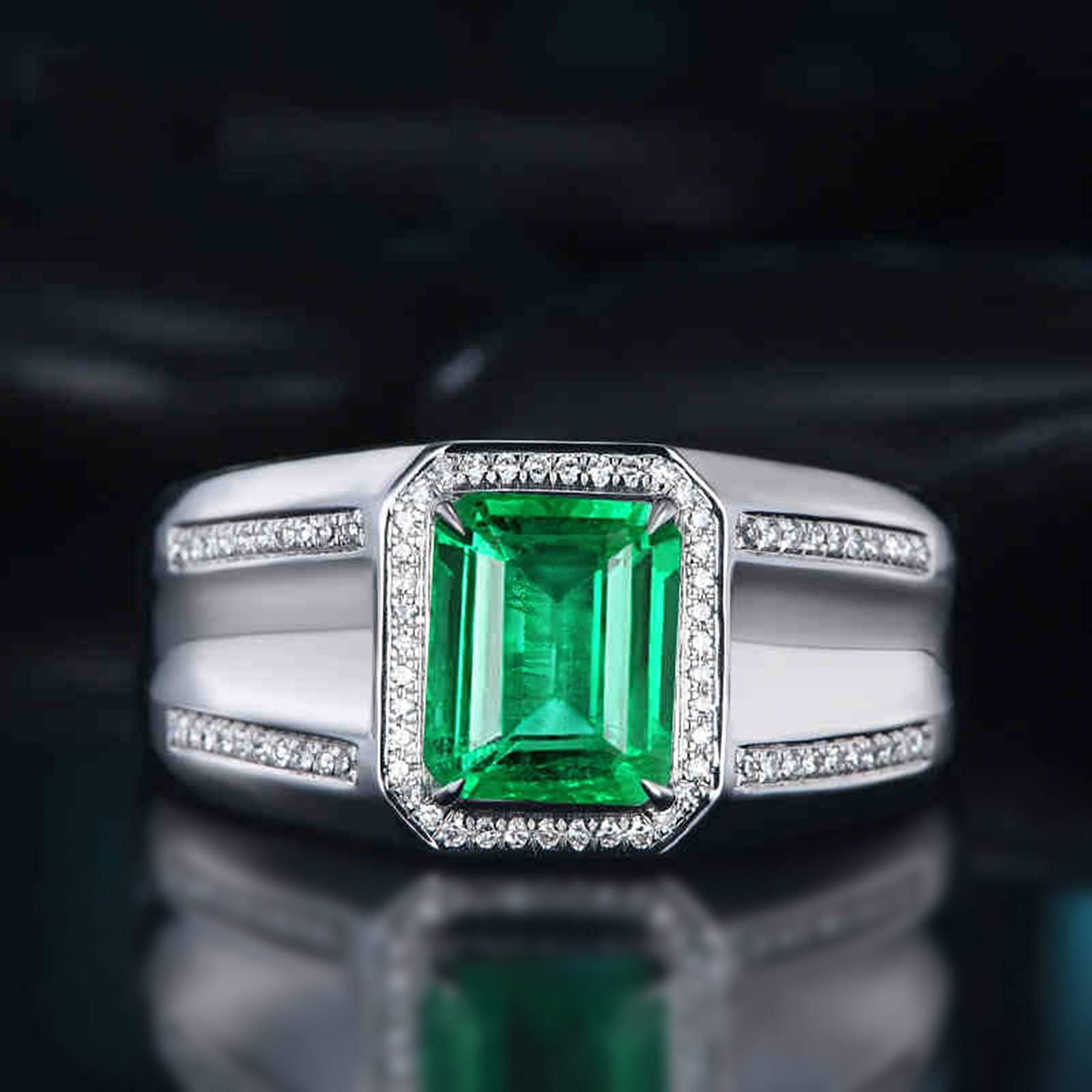 Ring Männer Gold, Ring aus 18 Karat Gold/925 Sterling Silber Einfach Rechteck-Labor Schuf Smaragd 1.5ct