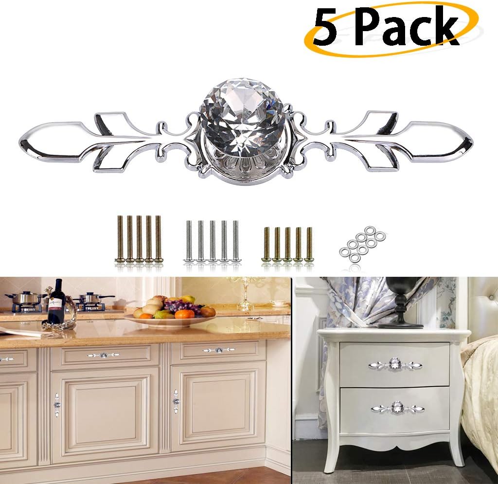 Sumnacon Drawer Dresser Knobs Pull Handles - Crystal Glass Diamond Decorative Knobs with Plate, Cabinet Cupboard Door Knobs with Screws for Kitchen Bathroom Office Decoration Pack of 5