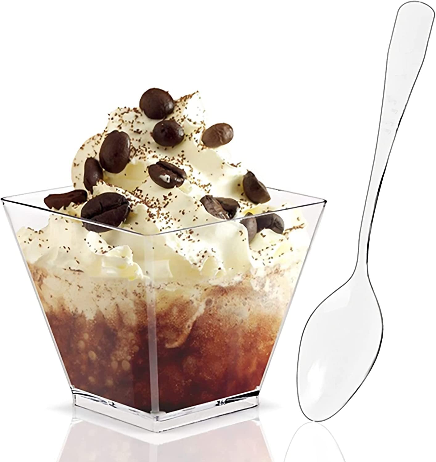 L&E HELEE 2 oz x 100 ct Dessert Cups with Spoons | Square Mini Plastic Dessert Cups + 100 Spoons | Chic Presentation of Desserts, Appetizers, Catering and Much More