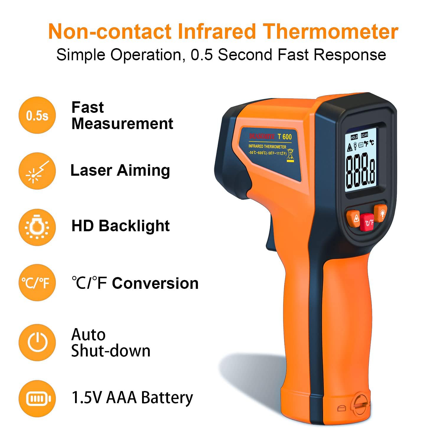 Laser Infrared Thermometer Non-Contact Digital Temperature Gun, -58℉～1112℉(-50℃～600℃) IR Thermometer for Industrial, Kitchen Cooking, Automotive, HVAC (Not for Human Body Temp) — Amazon image 7