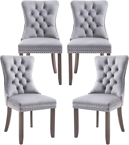 Miniatura 1 de Kiztir Juego de 4 sillas de comedor de terciopelo, sillas de comedor tapizadas con ribete de cabeza de clavo y respaldo con botón, silla de comedor