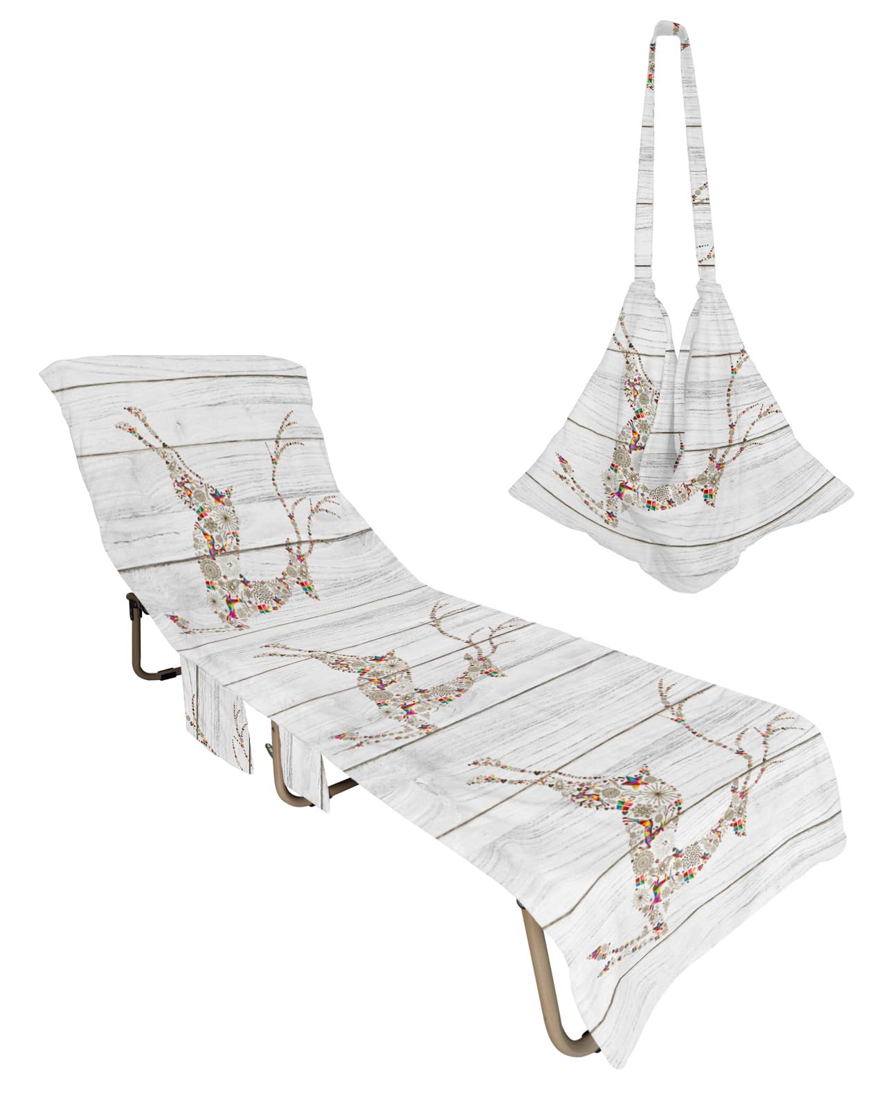 Christmas Elk Beach Lounge Chair Towel Cover, Soft Chaise Lounge Towel with Side Pockets Patio Pool Chairs Cover for Beach/Pool Sunbathing 29x85 Vintage Wooden Xmas Deer Gifts Botanical