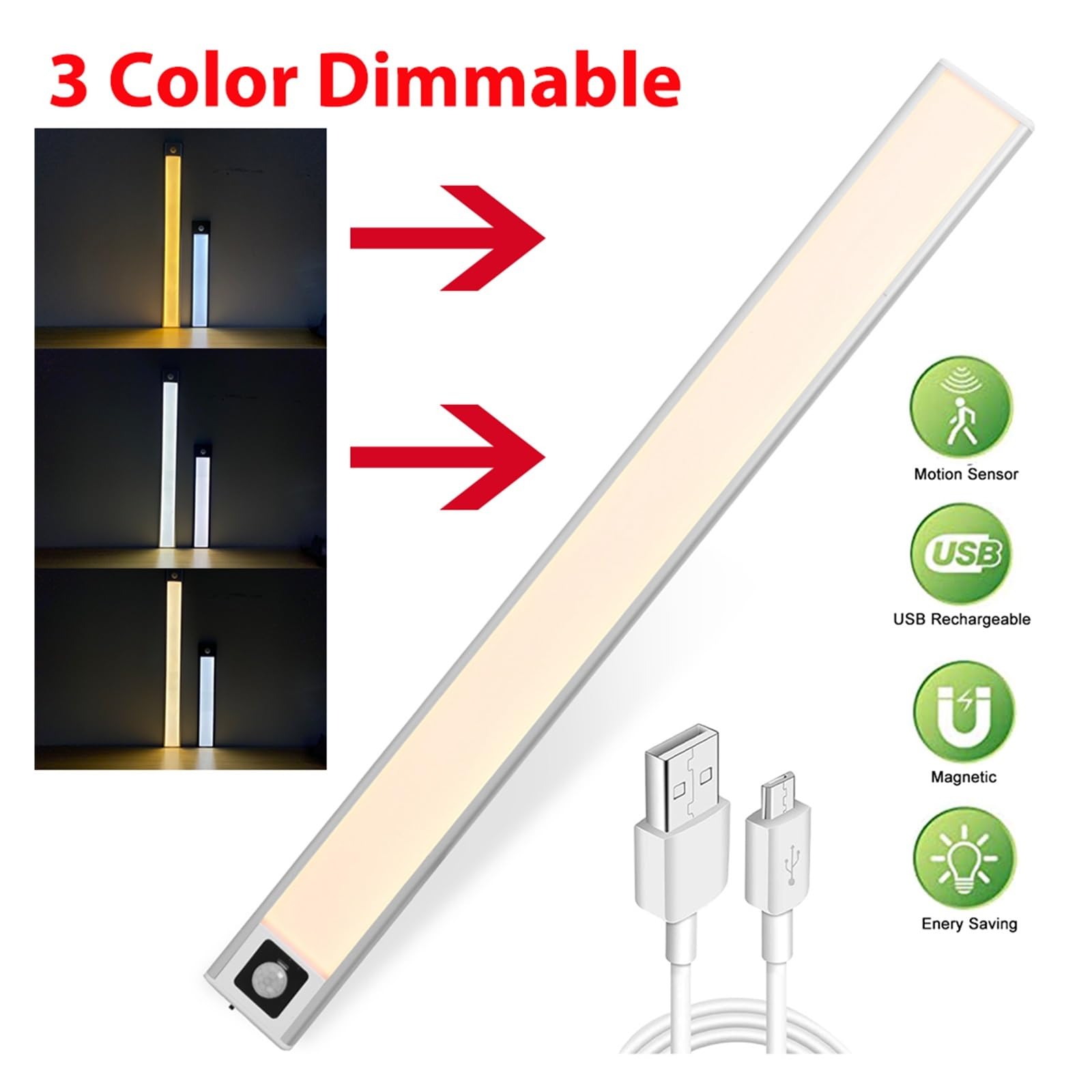 Luci A LED For Cucina Dimmerabili A 3 Colori Con Sensore Di Movimento PIR Termico Lampada A Conchiglia In Alluminio Ricaricabile USB Luce Notturna Rilevatore Di Movimento(Silver,40CM)