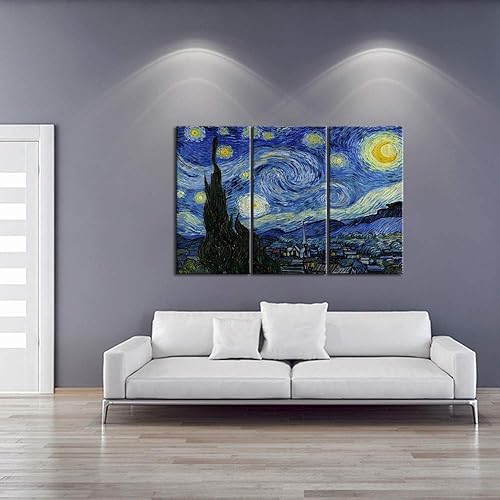 Miniatura 5 de iKNOW FOTO Lienzo grande de 3 paneles, arte de pared, noche estrellada por Van Gogh, famosas pinturas al óleo, reproducción moderna de lienzo