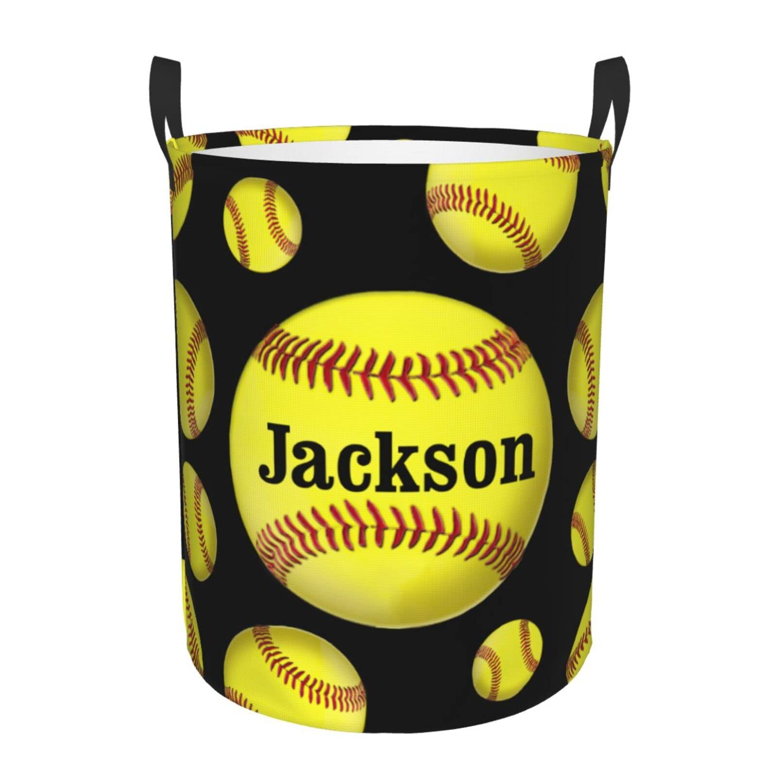 Softball on Black Customized Laundry Basket Clothes Hamper with Name Collapsible Waterproof Large Capacity Organizer Storage for Living Room.