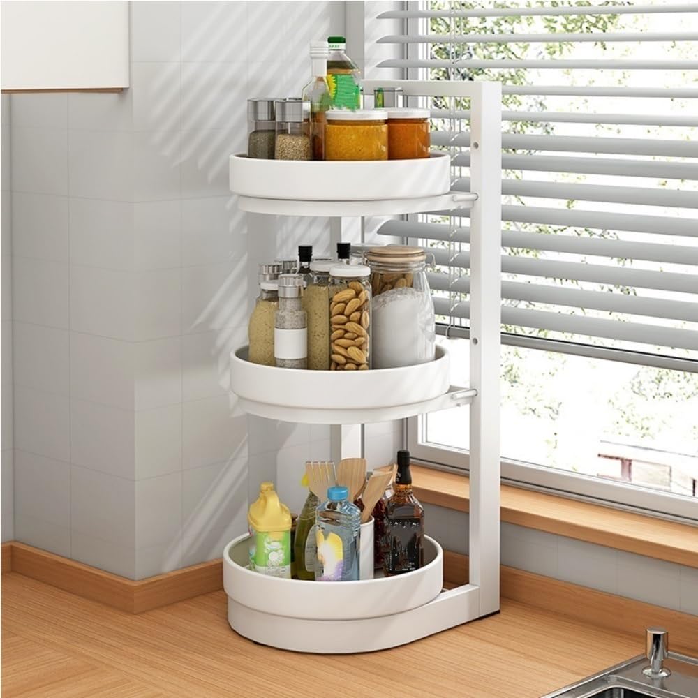 Goxyffmnv Spice Rack, Condiment Storage Rack, Metal Storage Shelf, Rotating Organizer, Desktop Organizer Stand for Kitchen, Living Room, Bathroom(White,11.1 * 9.8 * 25.5in)