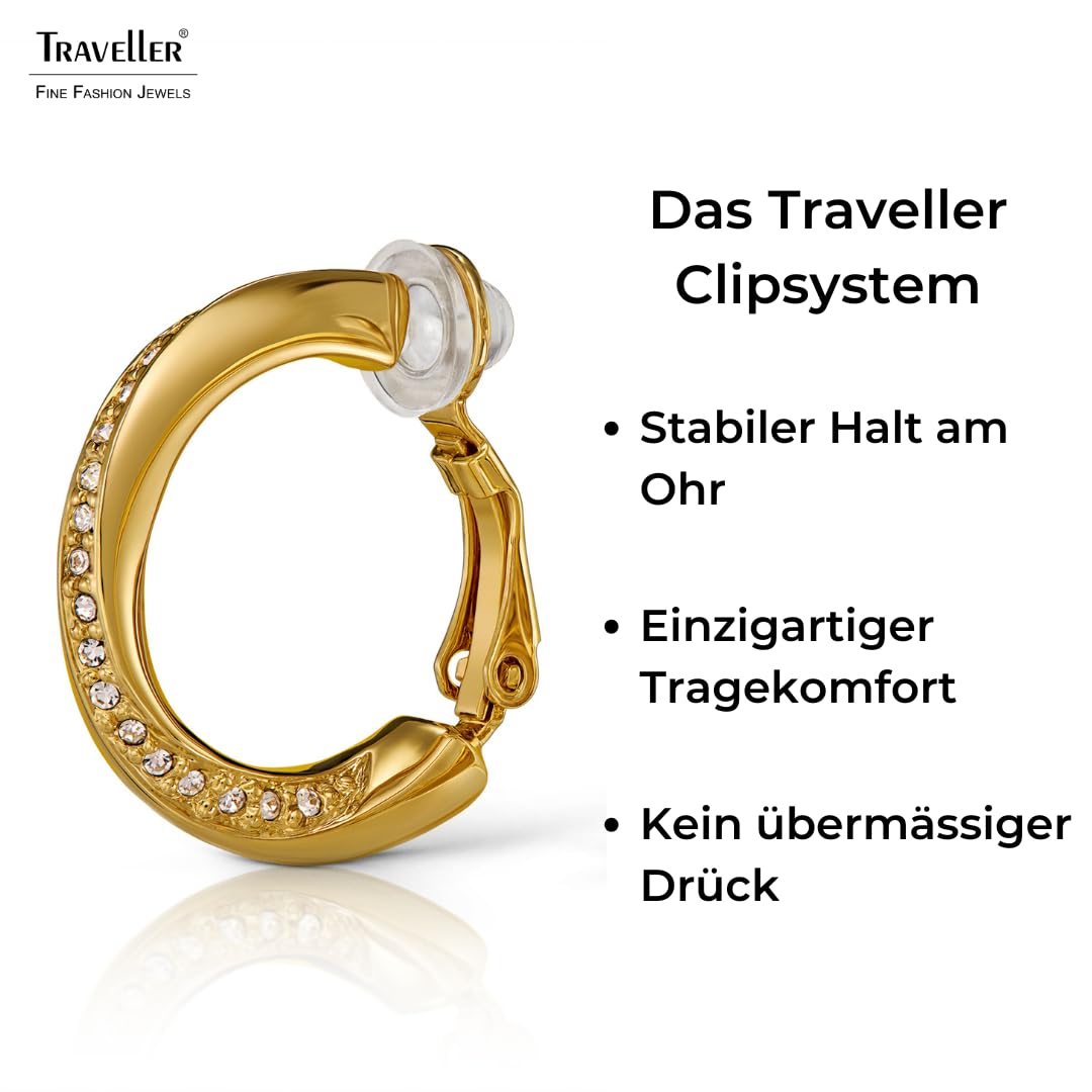 Traveller Ohrclip Creolen - Damen - Goldfarben - 20 x 4 mm - Kristalle - 22kt vergoldet - 157730