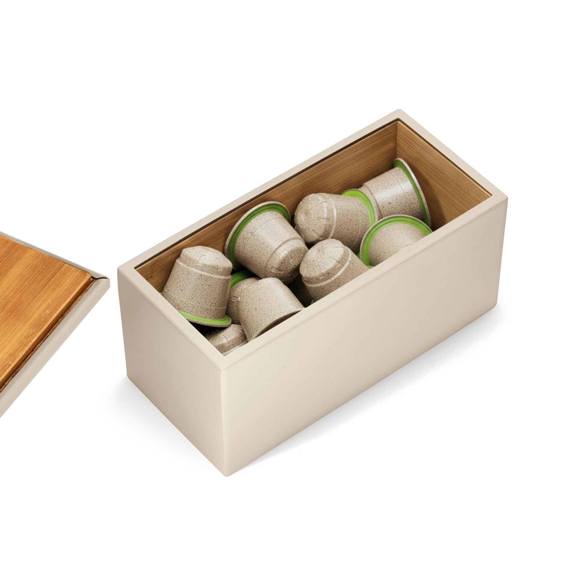 Sjöstrand Coffee Kapselhalter Beige Matt – Kapselspender für Nespresso kompatible Kaffeekapseln – Edelstahl & Holz – Plastikfreie Design Kapsel Aufbewahrung – Passend zur The Original Maschine