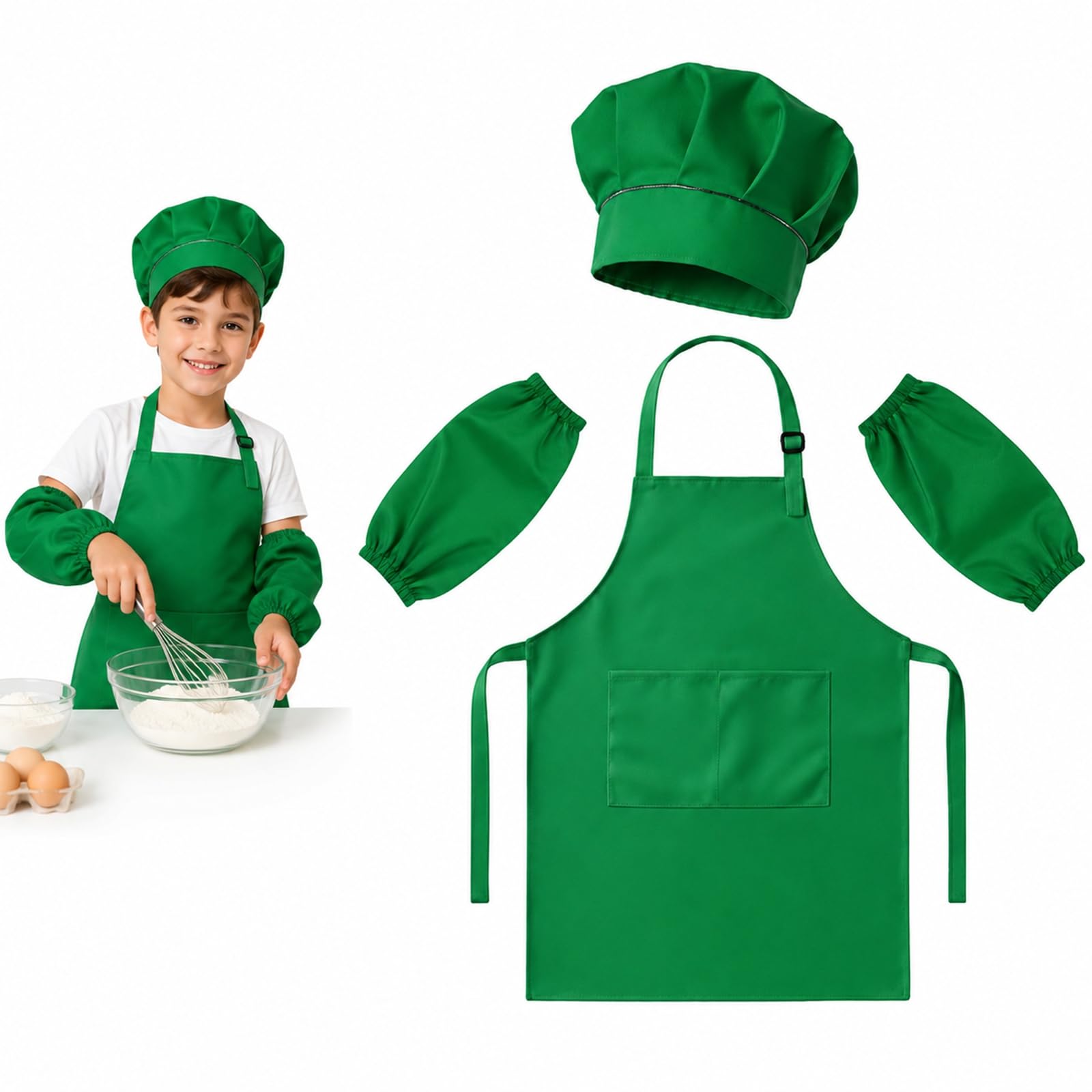 WHJYCC Cooking Apron And Chefs Hat Set, Green, 4-Piece, Ages 5–12