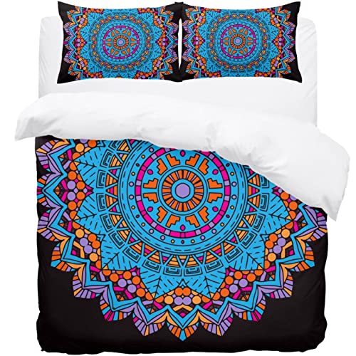 Housse de couette mandala géométrique avec 2 taies d'oreiller pour grand lit double